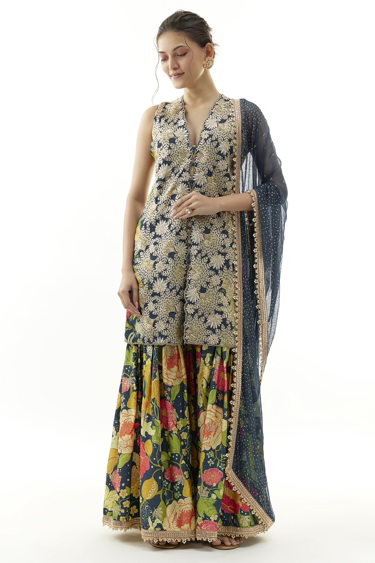 Blue Satin Floral Printed Wedding Sharara Set by Gopi Vaid at Pernia's Pop Up Shop