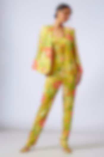 Yellow Satin Floral Printed Jumpsuit With Blazer by GOPI VAID at Pernia's Pop Up Shop