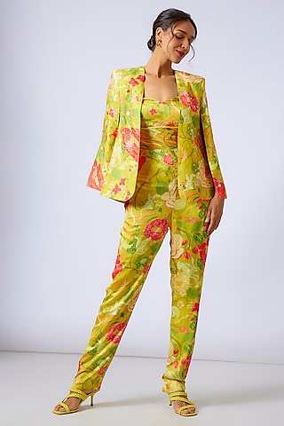Yellow Satin Floral Printed Jumpsuit With Blazer by GOPI VAID