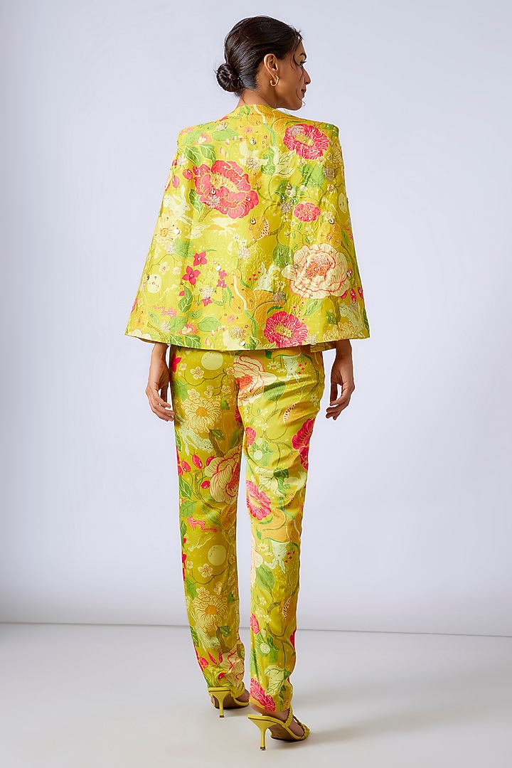 Yellow Satin Floral Printed Jumpsuit With Blazer by GOPI VAID at Pernia's Pop Up Shop