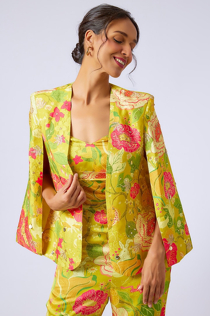 Yellow Satin Floral Printed Jumpsuit With Blazer by GOPI VAID at Pernia's Pop Up Shop