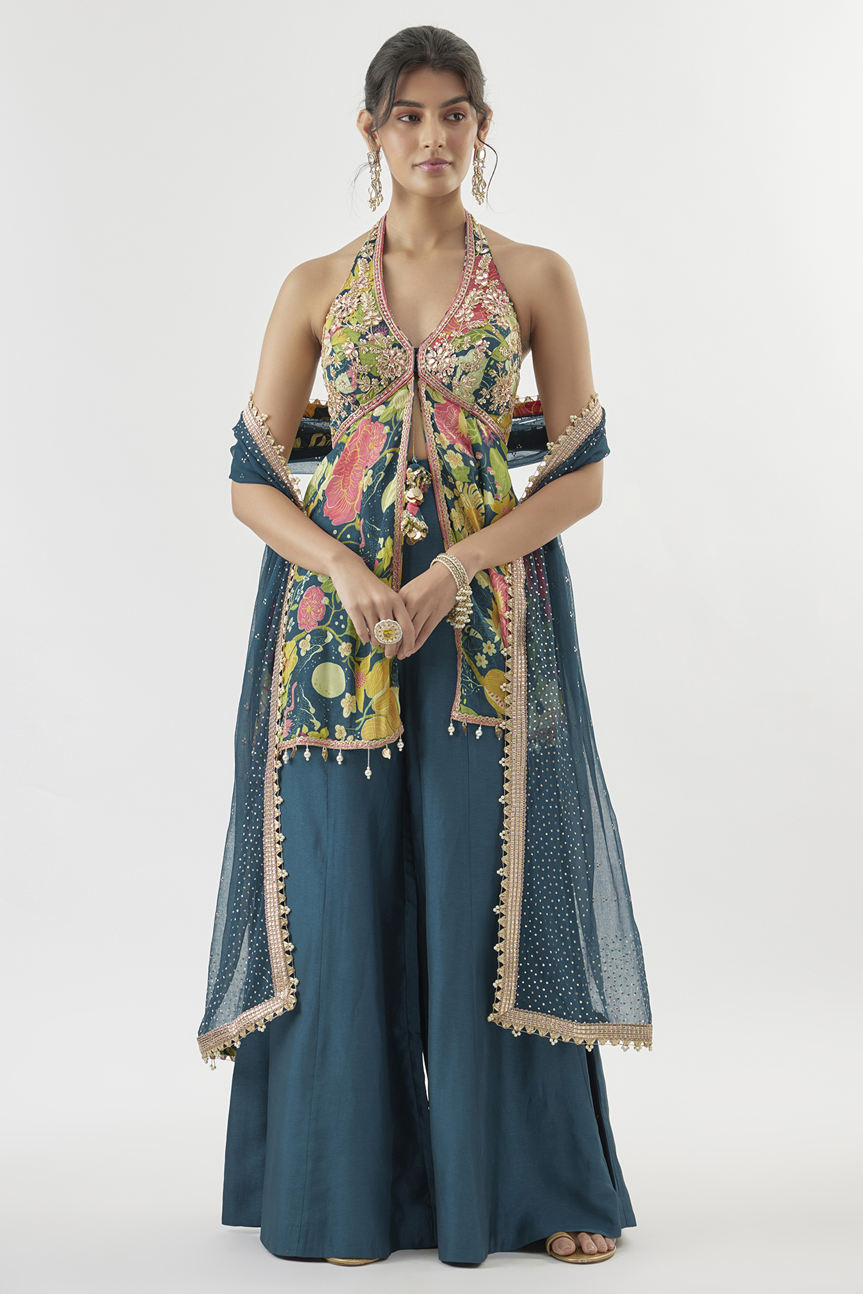 Blue Tussar Silk Wedding Sharara Set by GOPI VAID at Pernia's Pop Up Shop
