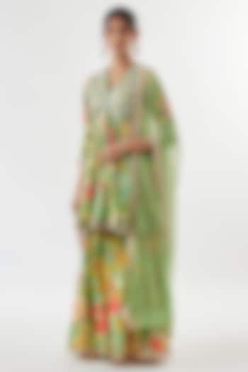 Green Tussar Floral Printed Wedding Sharara Set by GOPI VAID at Pernia's Pop Up Shop