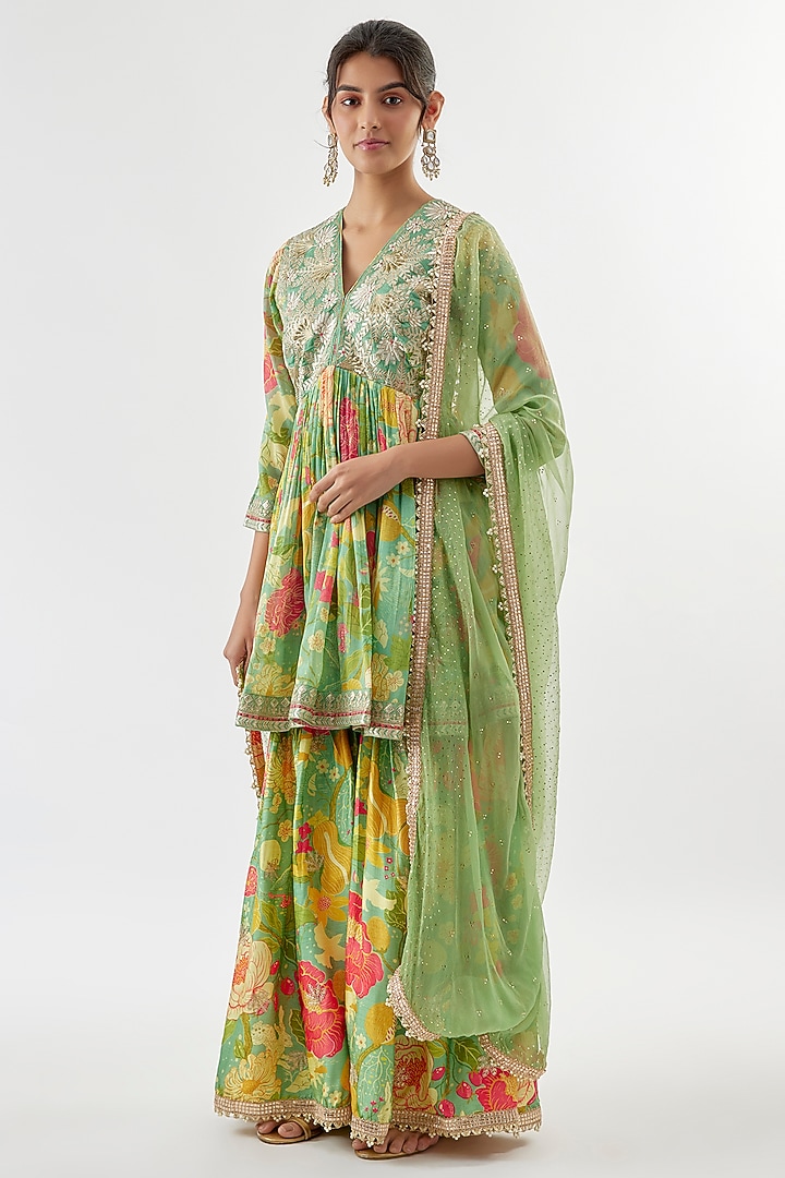 Green Tussar Floral Printed Wedding Sharara Set by GOPI VAID at Pernia's Pop Up Shop