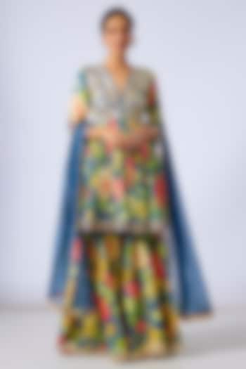 Green Tussar Floral Printed Wedding Sharara Pants by GOPI VAID at Pernia's Pop Up Shop