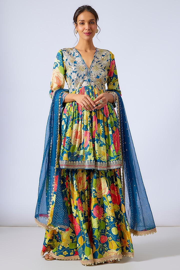 Green Tussar Floral Printed Wedding Sharara Pants by GOPI VAID at Pernia's Pop Up Shop