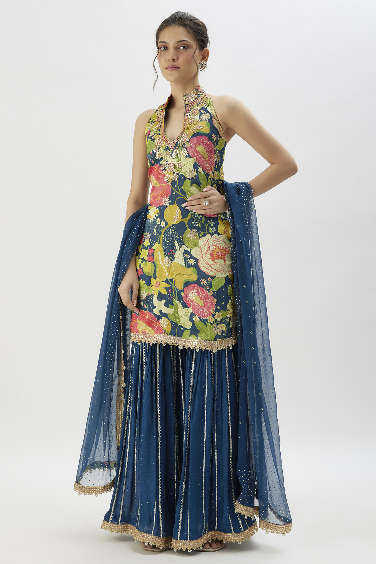 Blue Lurex Striped Wedding Sharara Set by GOPI VAID at Pernia's Pop Up Shop