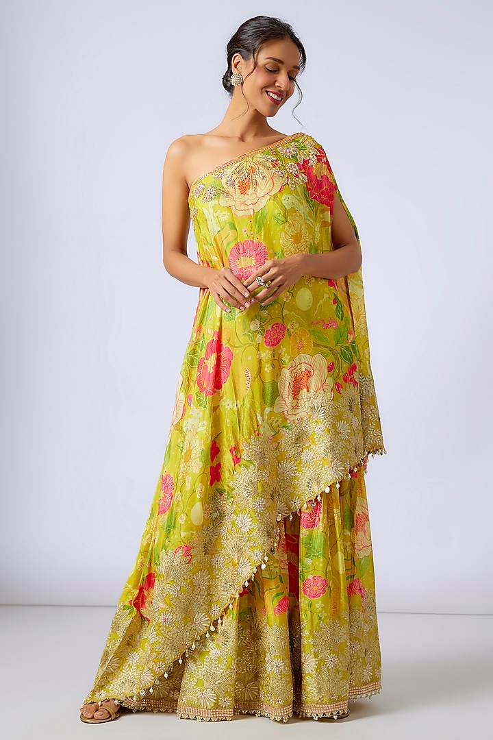 Yellow Chiffon Embroidered Sharara Set by GOPI VAID at Pernia's Pop Up Shop