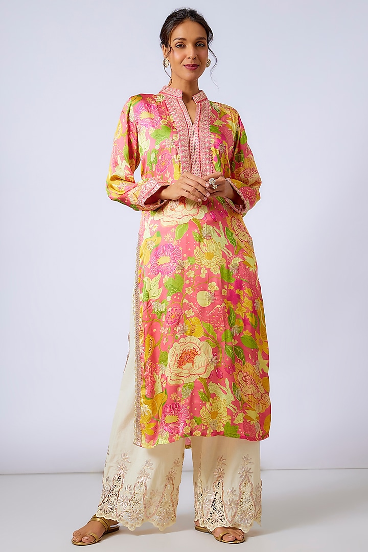 Pink Satin Floral Printed Tunic Set by GOPI VAID at Pernia's Pop Up Shop