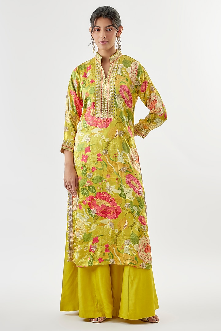 Yellow Satin Floral Printed Tunic Set by Gopi Vaid at Pernia's Pop Up Shop