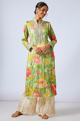 Green Satin Floral Printed Tunic Set by GOPI VAID