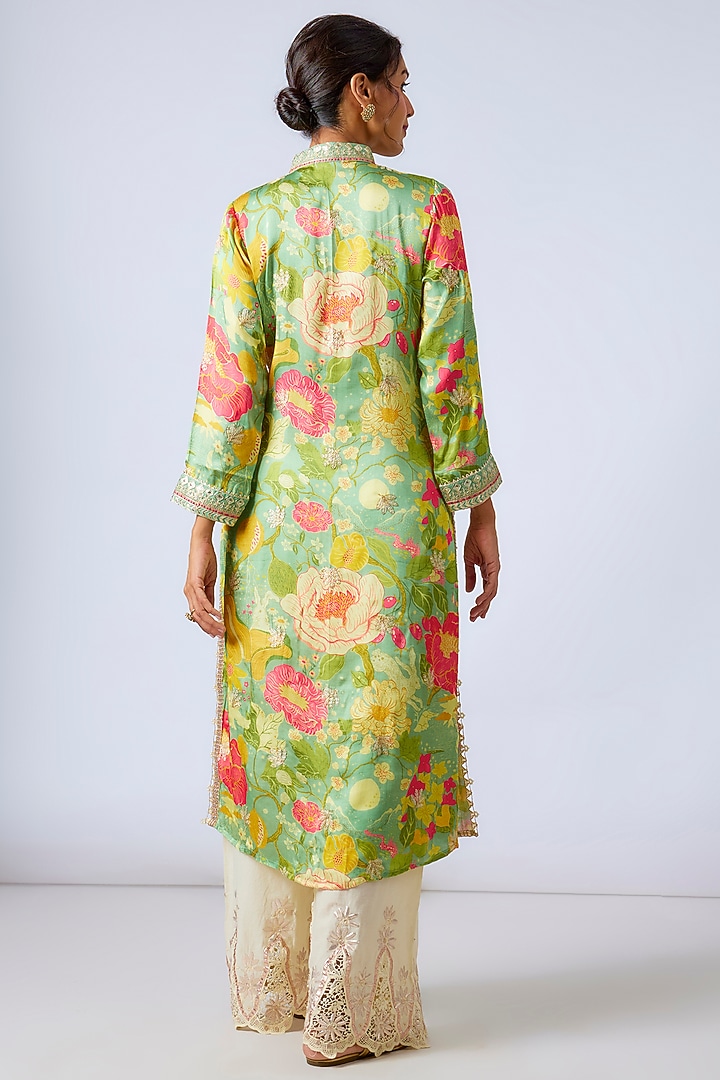 Green Satin Floral Printed Tunic Set by GOPI VAID at Pernia's Pop Up Shop