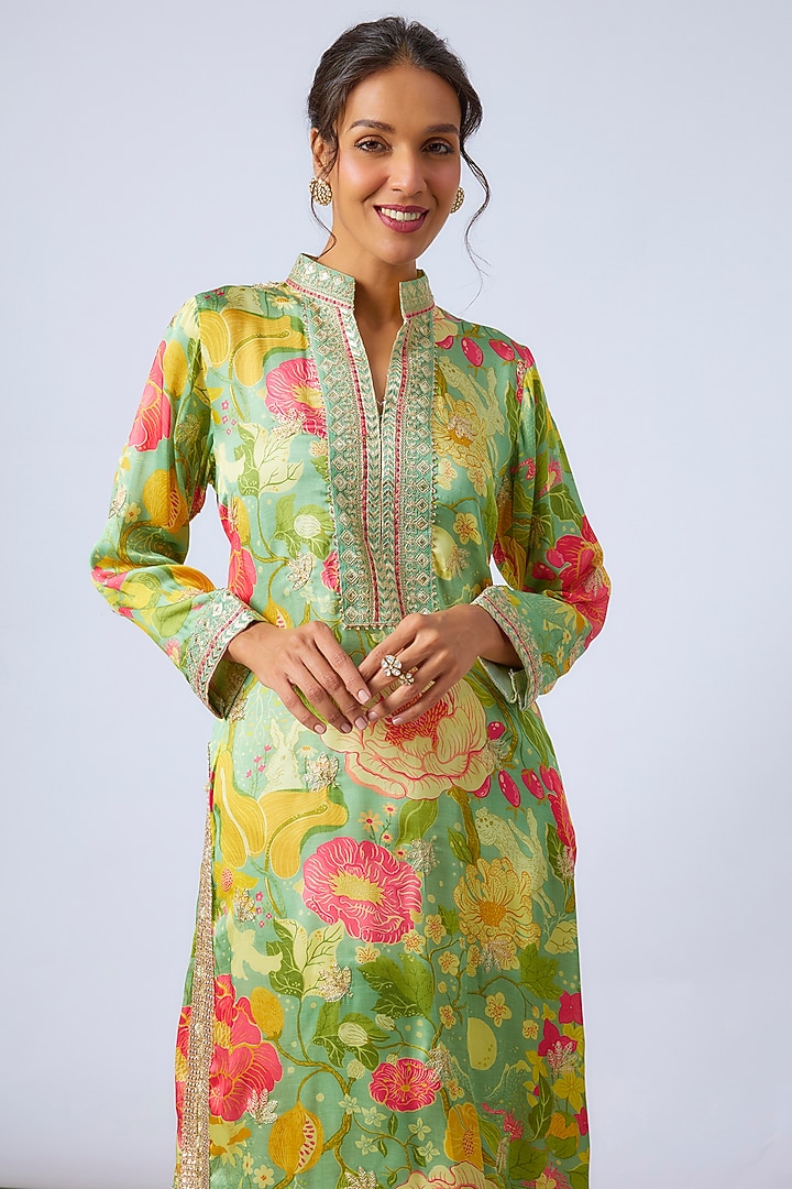 Green Satin Floral Printed Tunic Set by GOPI VAID at Pernia's Pop Up Shop