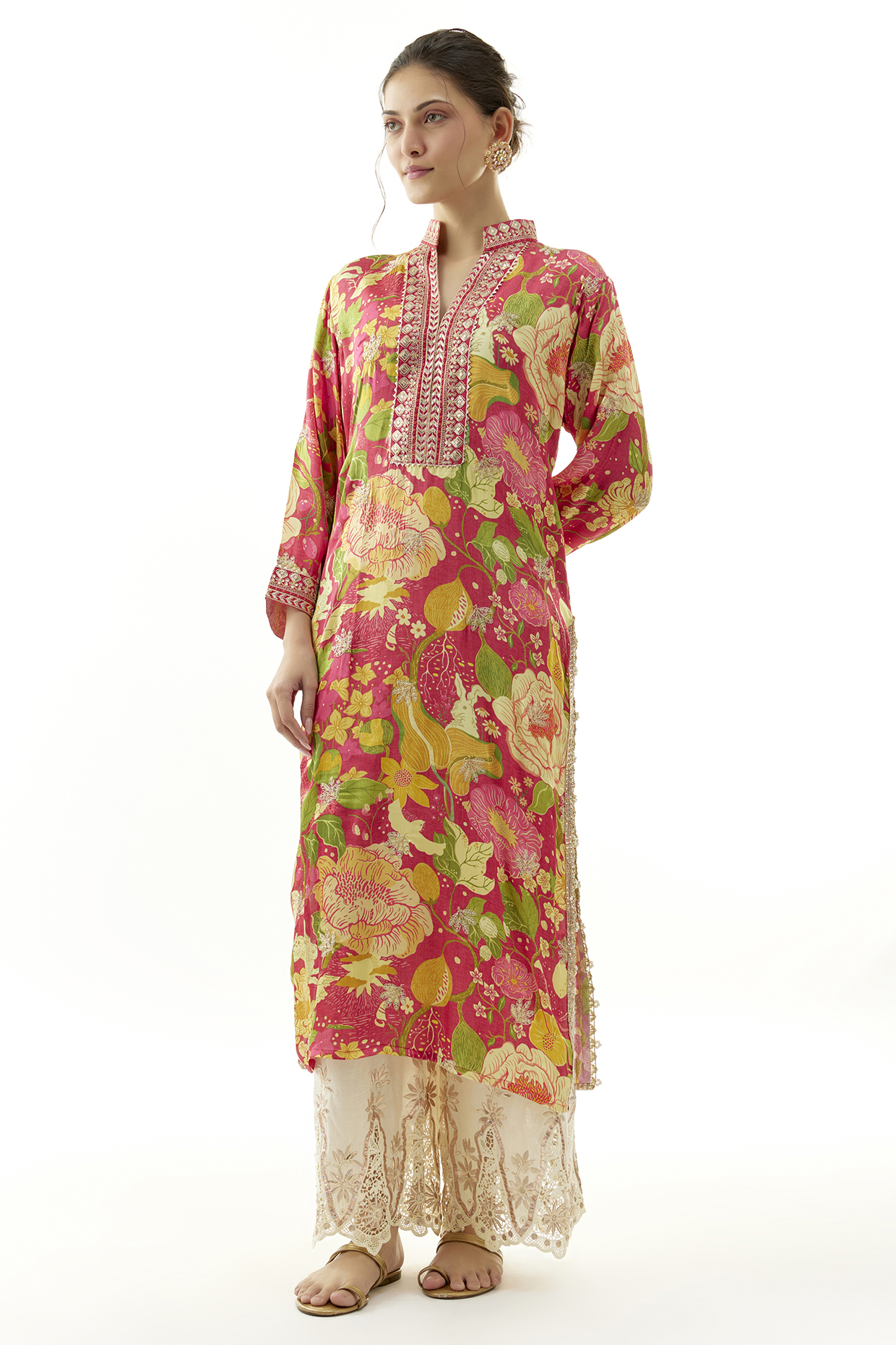 Multi-Colored Satin Floral Printed Tunic Set by Gopi Vaid at Pernia's Pop Up Shop