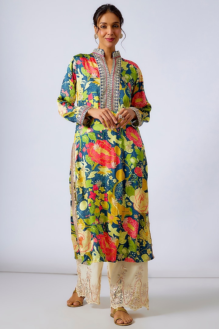 Blue Satin Floral Printed Tunic Set by GOPI VAID at Pernia's Pop Up Shop