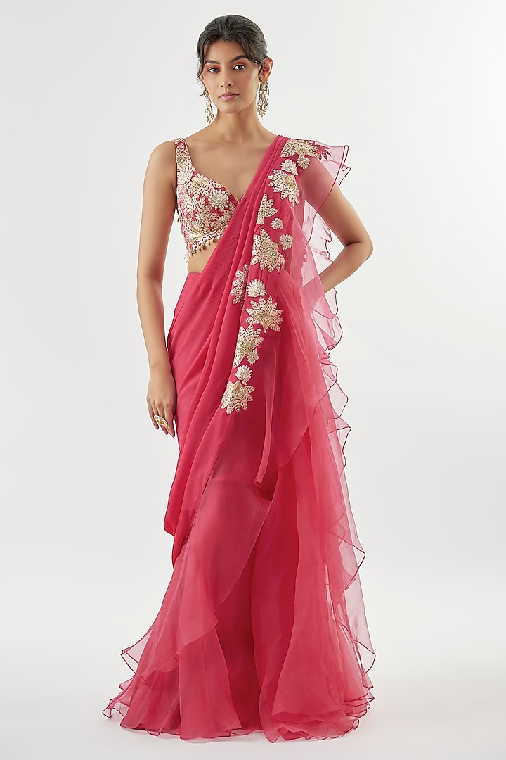 Pink Chiffon Ruffled Wedding Saree Set by Gopi Vaid at Pernia's Pop Up Shop