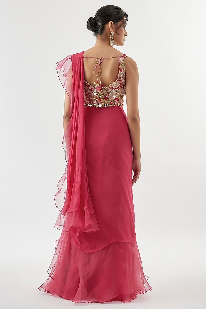 Pink Chiffon Ruffled Wedding Saree Set by Gopi Vaid at Pernia's Pop Up Shop