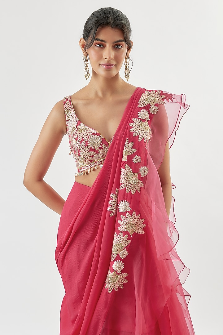 Pink Chiffon Ruffled Wedding Saree Set by Gopi Vaid at Pernia's Pop Up Shop