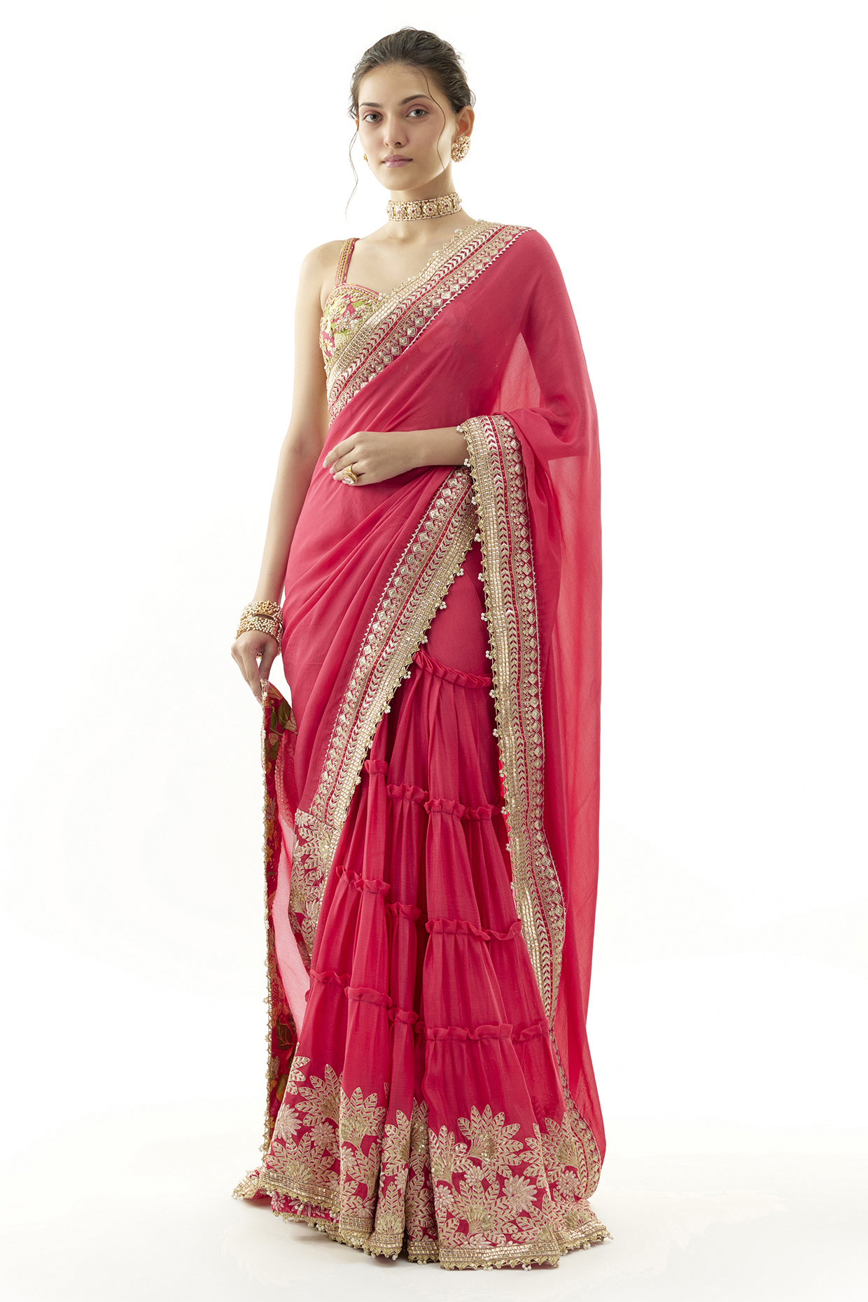 Red Chiffon Tiered Wedding Saree Set by Gopi Vaid at Pernia's Pop Up Shop