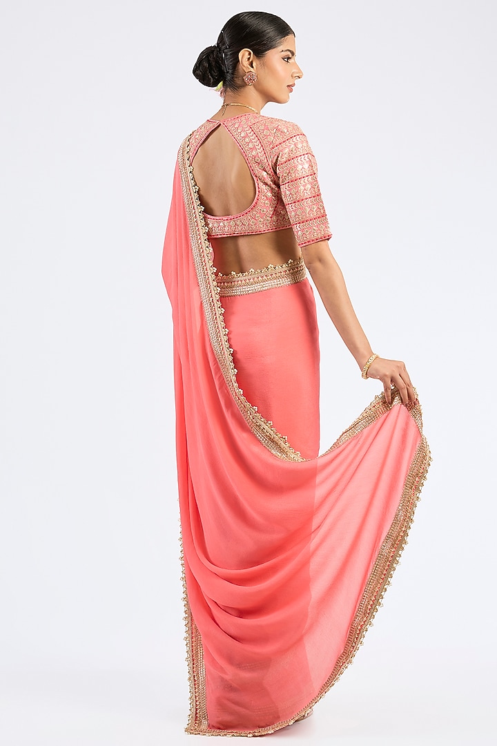 Pink Chiffon Embroidered Draped Wedding Saree Set by GOPI VAID at Pernia's Pop Up Shop