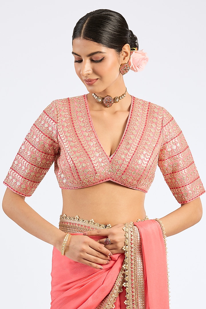 Pink Chiffon Embroidered Draped Wedding Saree Set by GOPI VAID at Pernia's Pop Up Shop
