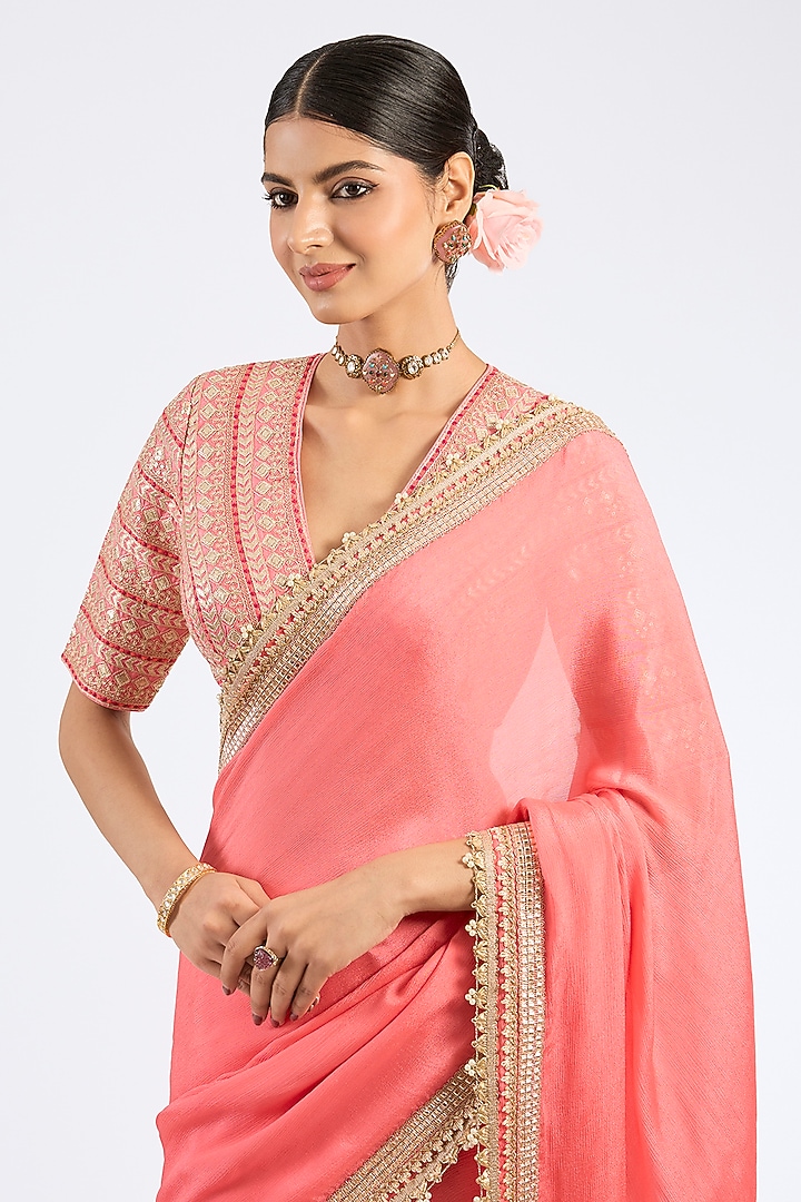 Pink Chiffon Embroidered Draped Wedding Saree Set by GOPI VAID at Pernia's Pop Up Shop