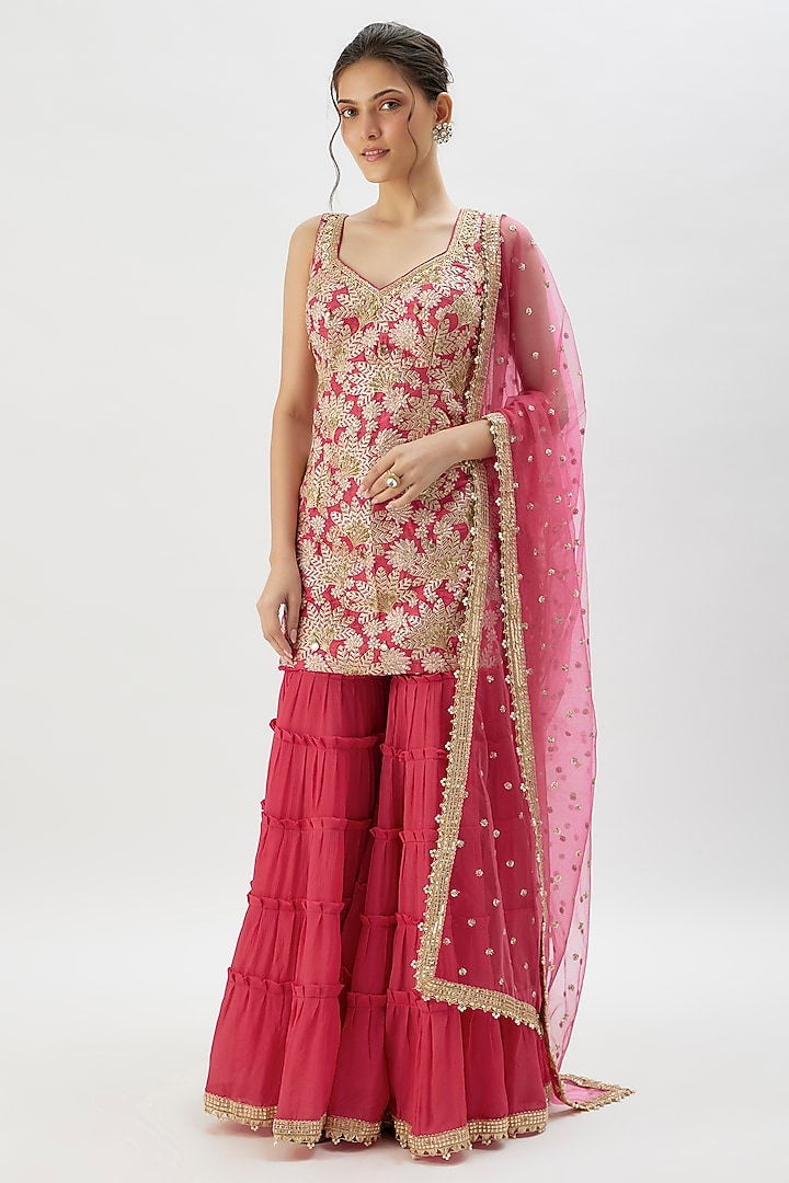 Pink Chiffon Gathered Wedding Sharara Set by Gopi Vaid at Pernia's Pop Up Shop