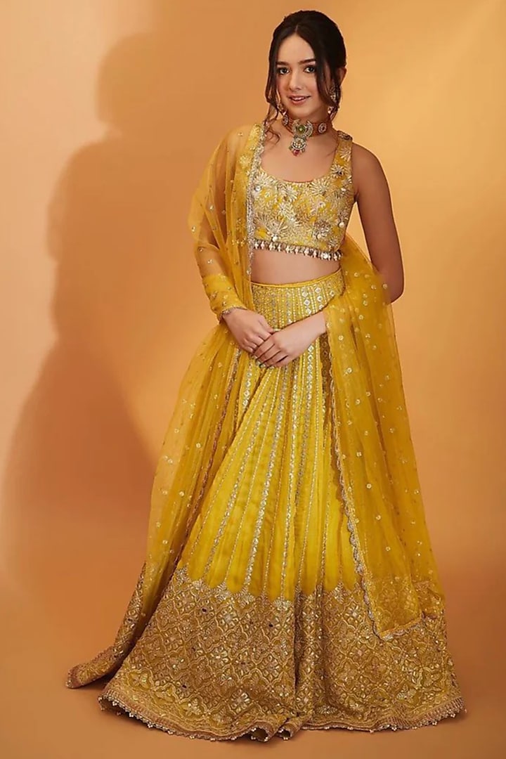 Yellow Organza Embellished Wedding Lehenga Set by GOPI VAID at Pernia's Pop Up Shop