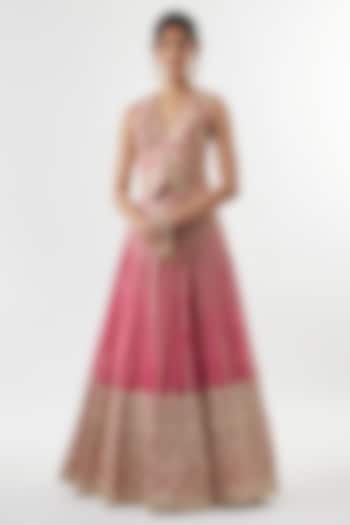 Pink Tussar Embroidered Flared Skirt Set by Gopi Vaid at Pernia's Pop Up Shop