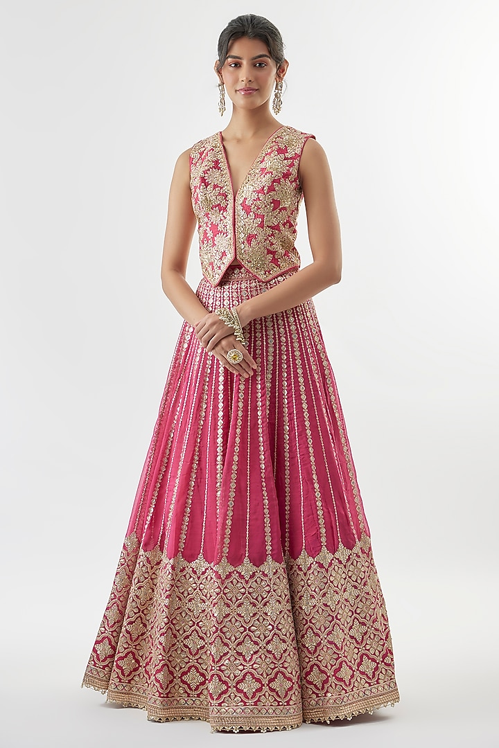 Pink Tussar Embroidered Flared Skirt Set by Gopi Vaid at Pernia's Pop Up Shop