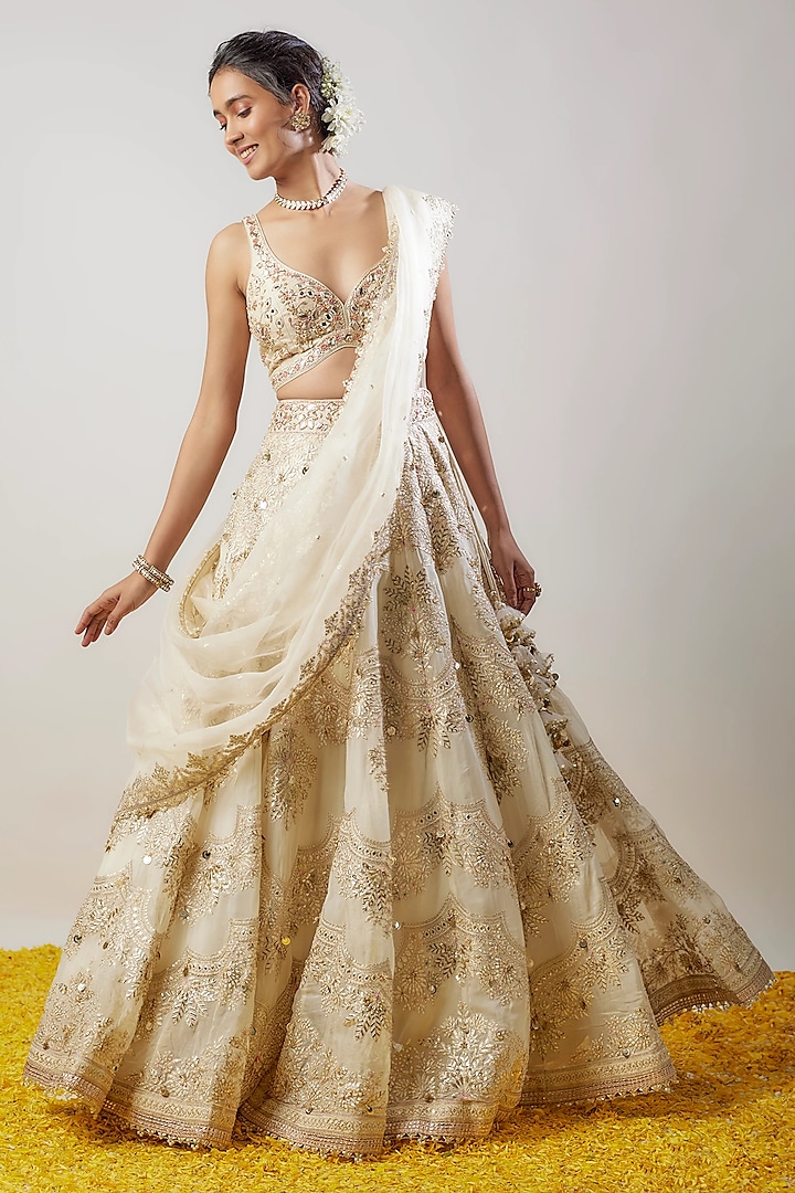 Ivory Tussar Embellished Bridal Lehenga Set by GOPI VAID at Pernia's Pop Up Shop