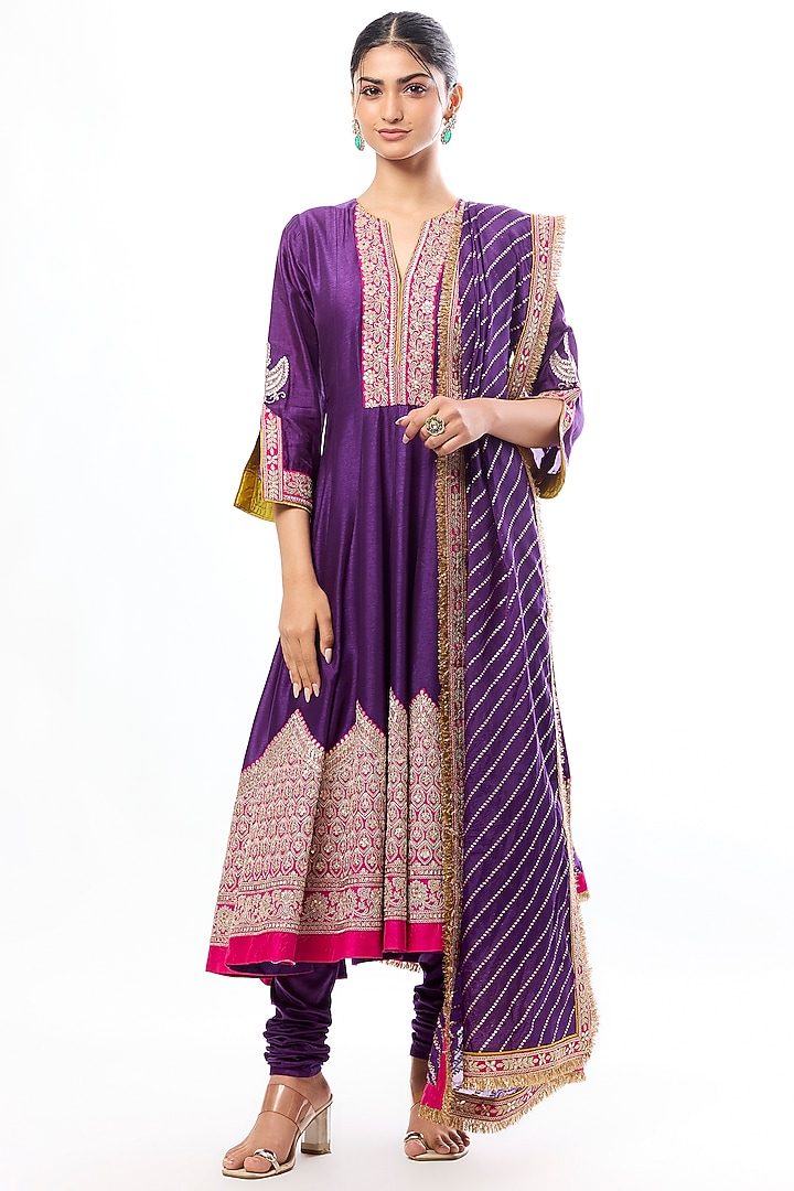 Purple Tussar Gota Embroidered Wedding Anarkali Set by GOPI VAID at Pernia's Pop Up Shop