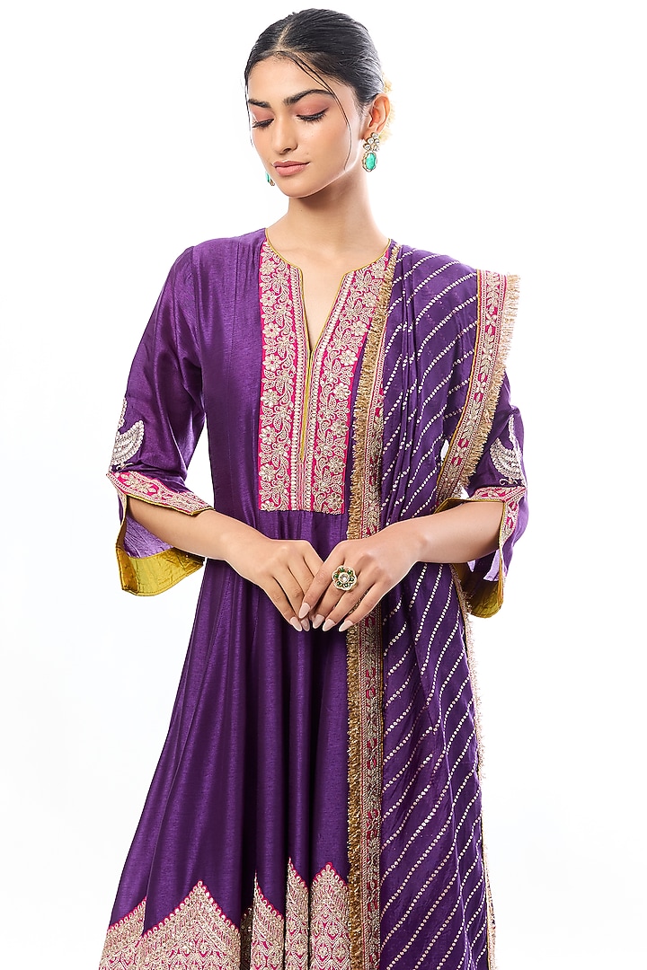 Purple Tussar Gota Embroidered Wedding Anarkali Set by GOPI VAID at Pernia's Pop Up Shop