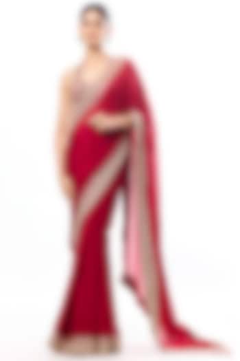 Red Georgette Mirror Embroidered Wedding Saree Set by GOPI VAID at Pernia's Pop Up Shop