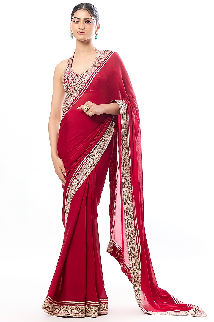 Red Georgette Mirror Embroidered Wedding Saree Set by GOPI VAID at Pernia's Pop Up Shop