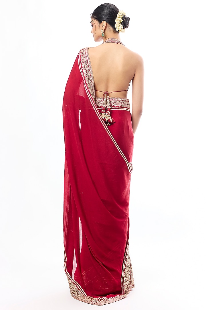 Red Georgette Mirror Embroidered Wedding Saree Set by GOPI VAID at Pernia's Pop Up Shop
