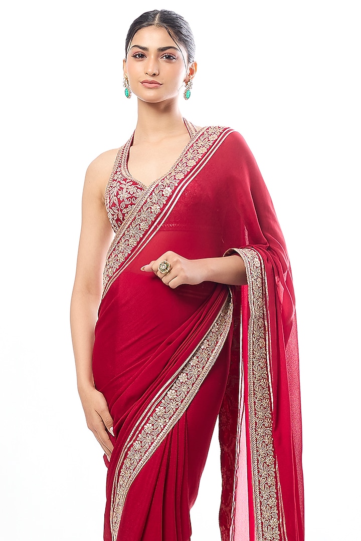 Red Georgette Mirror Embroidered Wedding Saree Set by GOPI VAID at Pernia's Pop Up Shop