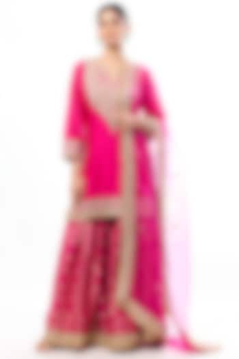 Pink Tussar Embroidered Wedding Sharara Set by GOPI VAID at Pernia's Pop Up Shop