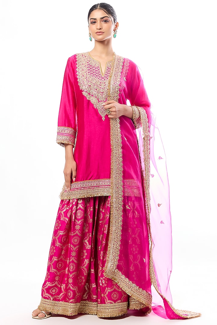 Pink Tussar Embroidered Wedding Sharara Set by GOPI VAID at Pernia's Pop Up Shop