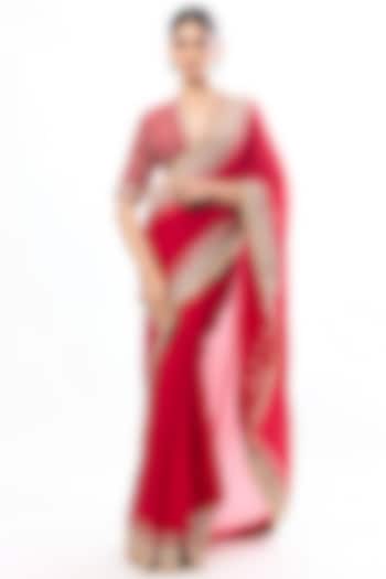 Deep Red Chiffon Thread Embroidered Wedding Saree Set by GOPI VAID at Pernia's Pop Up Shop