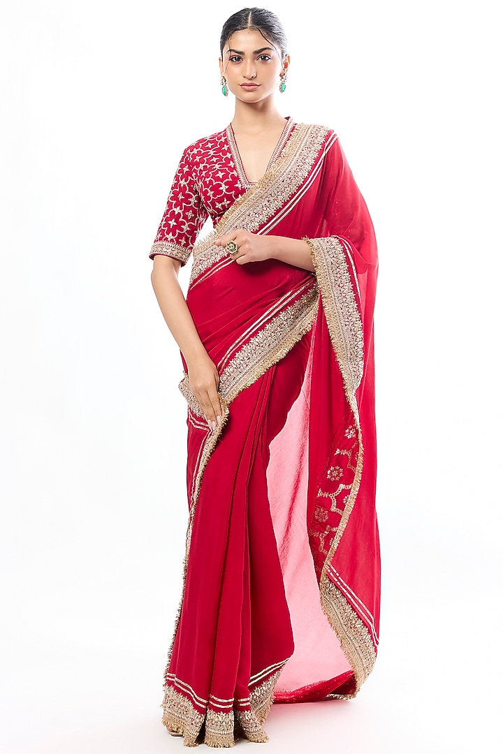 Deep Red Chiffon Thread Embroidered Wedding Saree Set by GOPI VAID at Pernia's Pop Up Shop
