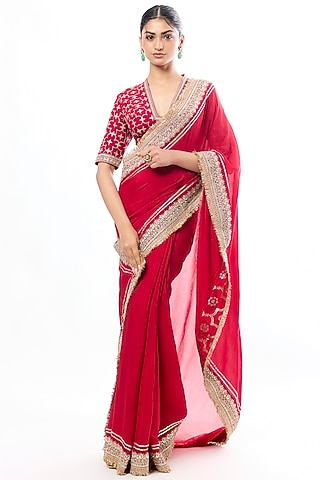 Deep Red Chiffon Thread Embroidered Saree Set by GOPI VAID