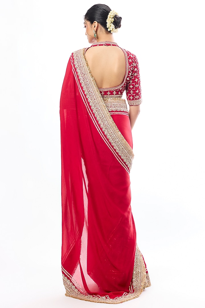 Deep Red Chiffon Thread Embroidered Wedding Saree Set by GOPI VAID at Pernia's Pop Up Shop