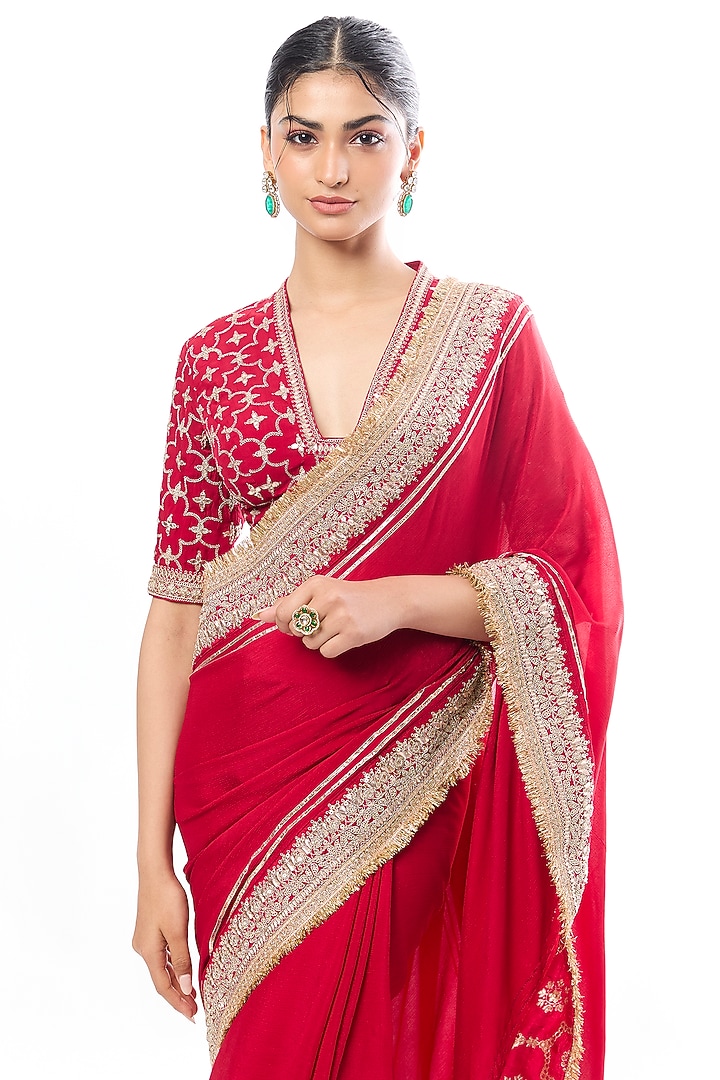 Deep Red Chiffon Thread Embroidered Wedding Saree Set by GOPI VAID at Pernia's Pop Up Shop