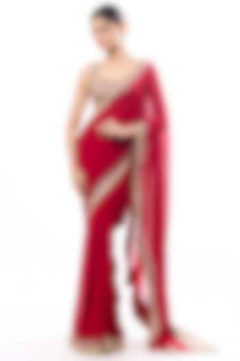 Red Georgette Mirror Embroidered Wedding Saree Set by GOPI VAID at Pernia's Pop Up Shop
