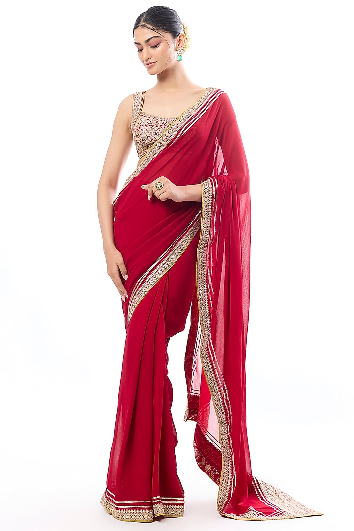 Red Georgette Mirror Embroidered Wedding Saree Set by GOPI VAID at Pernia's Pop Up Shop
