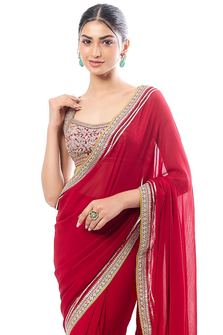 Red Georgette Mirror Embroidered Wedding Saree Set by GOPI VAID at Pernia's Pop Up Shop