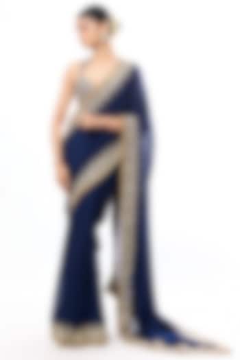 Blue Chiffon Embroidered Wedding Saree Set by GOPI VAID at Pernia's Pop Up Shop