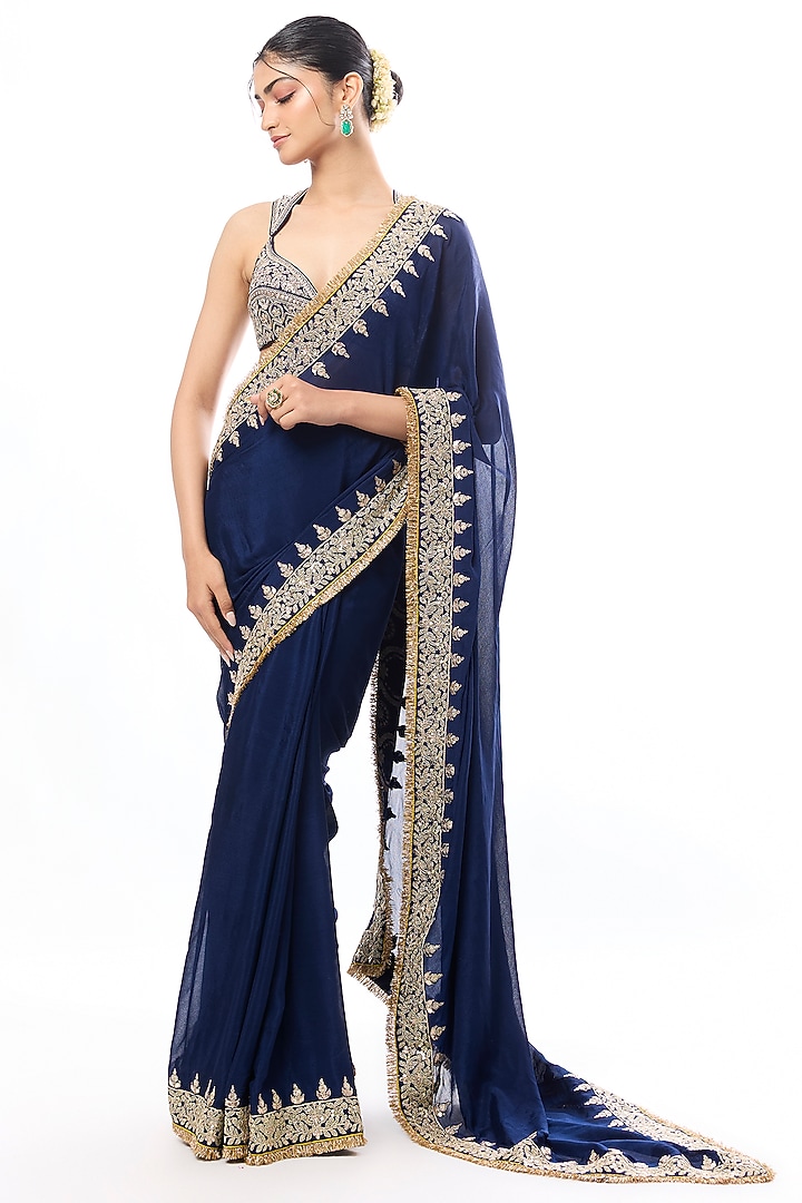 Blue Chiffon Embroidered Wedding Saree Set by GOPI VAID at Pernia's Pop Up Shop