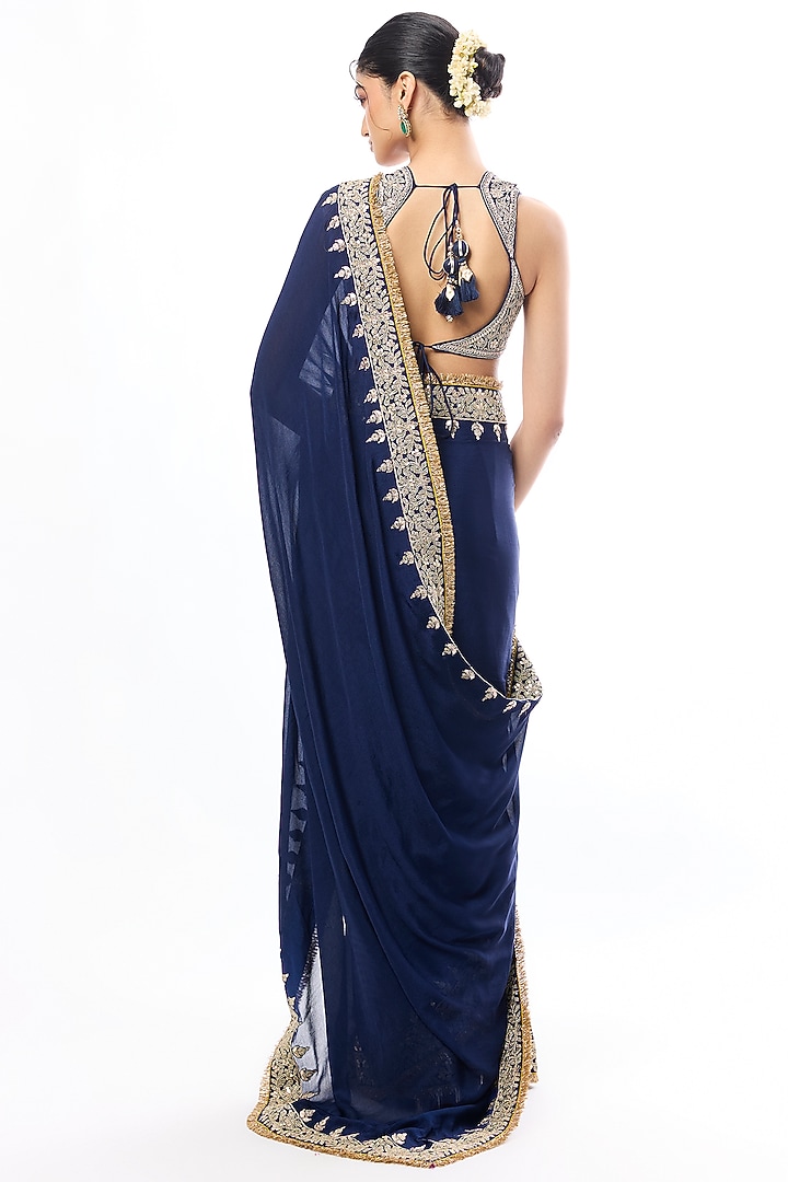 Blue Chiffon Embroidered Wedding Saree Set by GOPI VAID at Pernia's Pop Up Shop